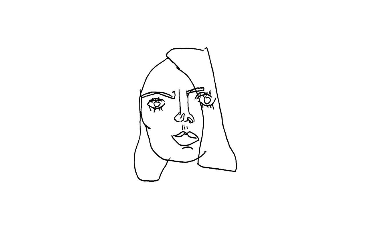 Girl with bangs showcasing a chic and modern look. Line-art tattoo design ideal for stylish and contemporary body art.