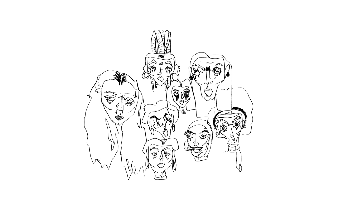 Dynamic group of girls showcasing contemporary style and personal expression. Line-art tattoo design crafted for a fresh and distinctive aesthetic.